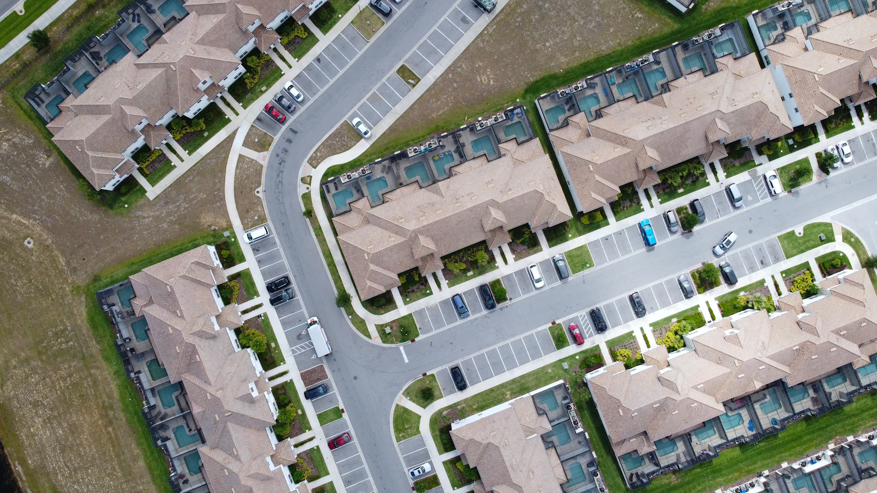 Aerial view of a residential neighborhood and green spaces in Central Florida